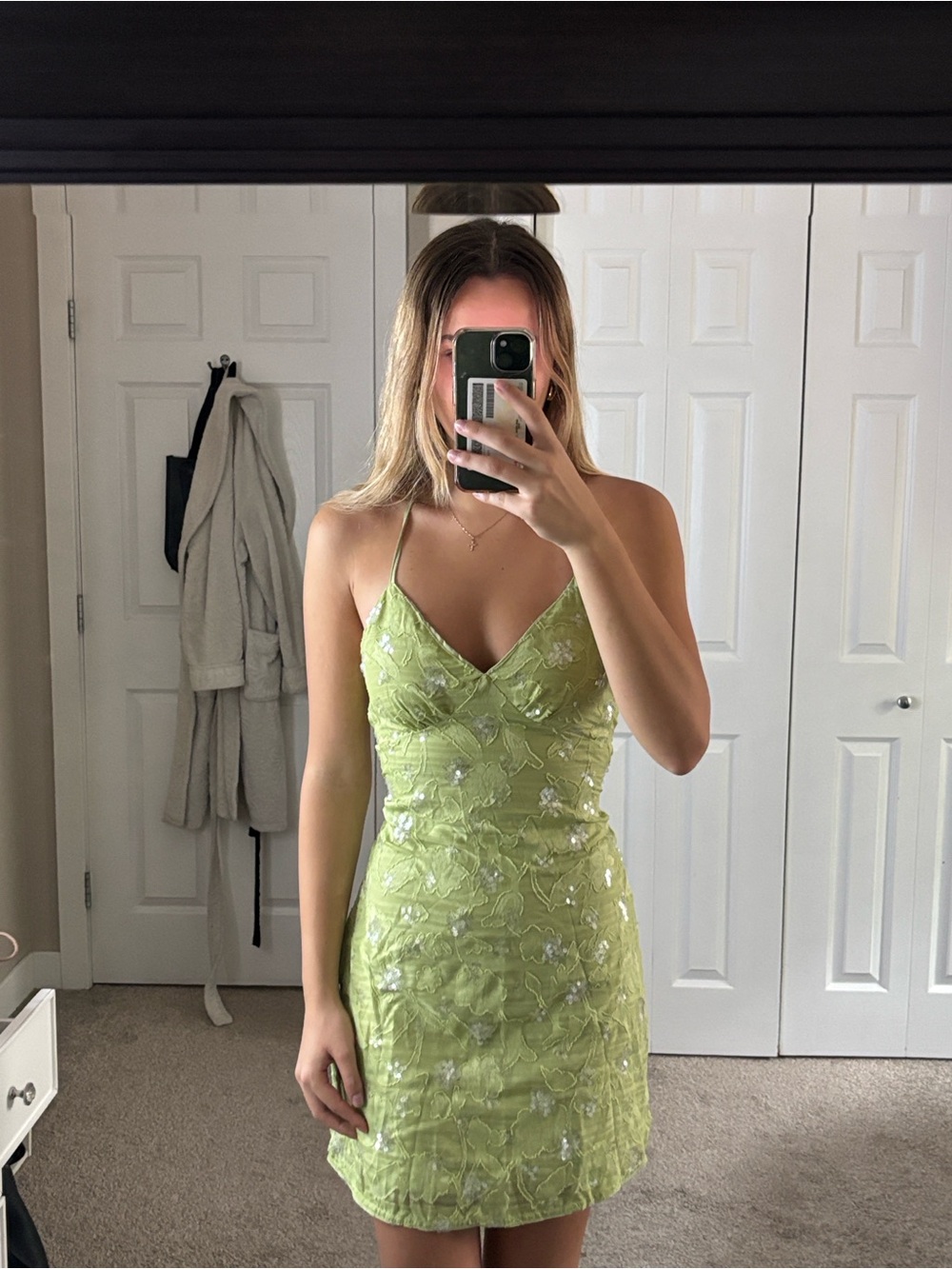 Cider Light Green Embroidered Spaghetti-Strap Mini Dress